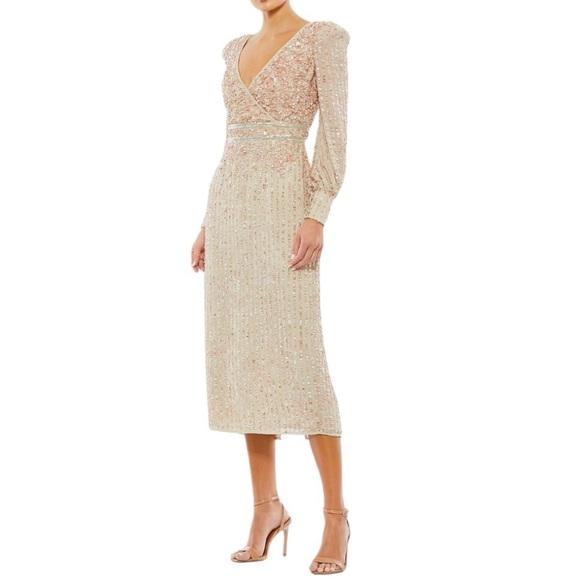 Mac Duggal - NWT Sequin V-Neck Long Bishop-Sleeve Midi Formal Dress - Picture 1 of 12